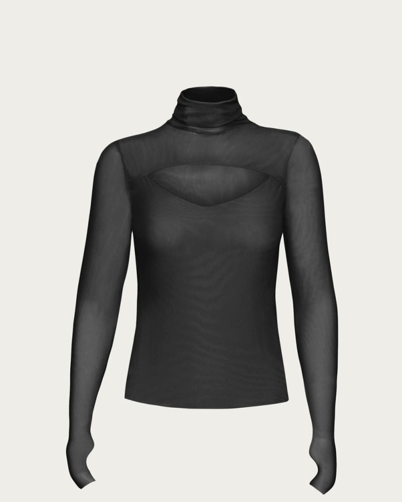 Front of a size L Dawn Power Mesh Turtleneck Top in Noir in Noir by AFRM. | dia_product_style_image_id:334384